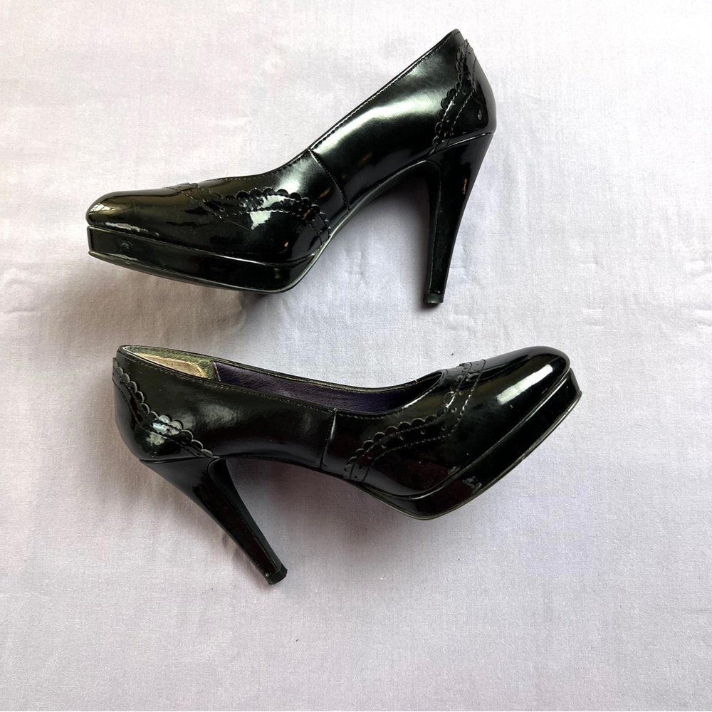 M.P.S. Faux Patent Leather Saddle Shoe Heels